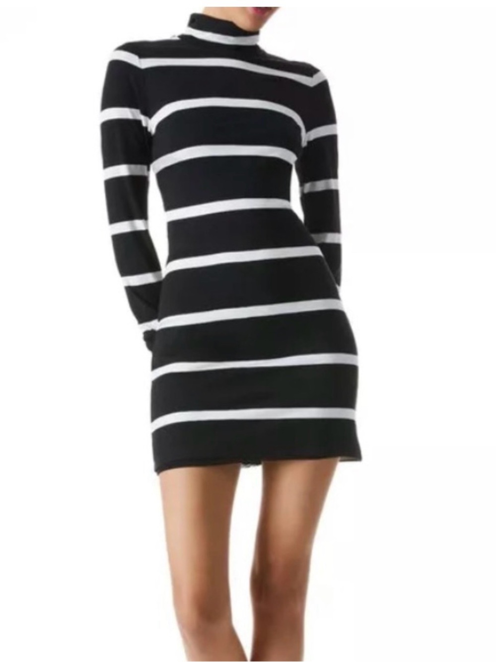 Alice + Olivia Delora Black White Modern Stripe Mock Neck Mini Dress 12 NWT
